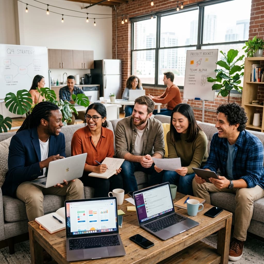 Diverse corporate coworkers collaborating