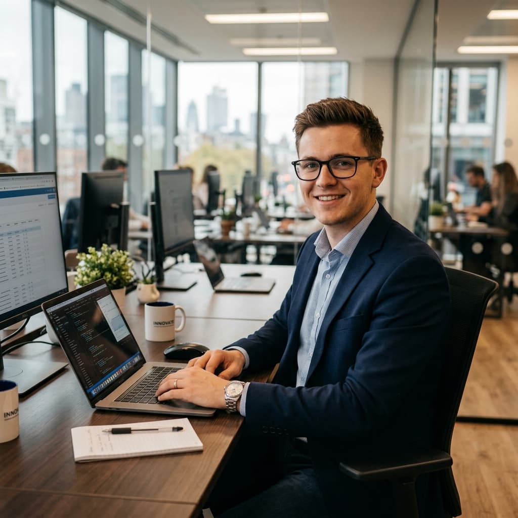 Male developer programming at desk